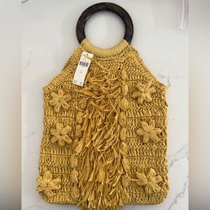 Anthropologie Yellow Woven Raffia Handbag with Floral Design